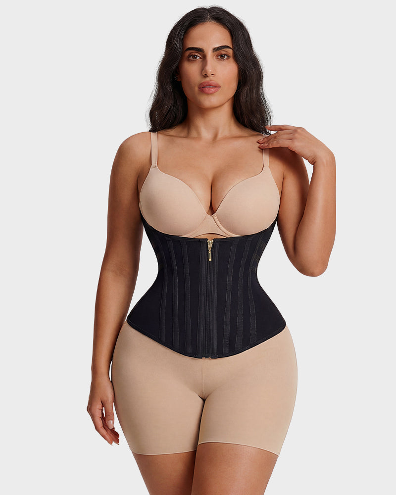 Boned waist cincher with front zip in black