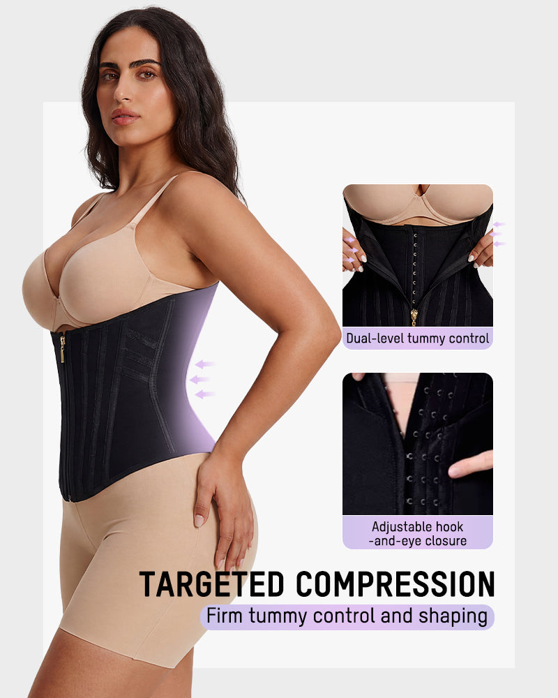 Boned waist cincher with front zip in black, close-up detail