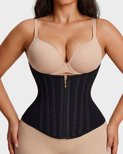 Boned waist cincher with front zip in black, close-up detail