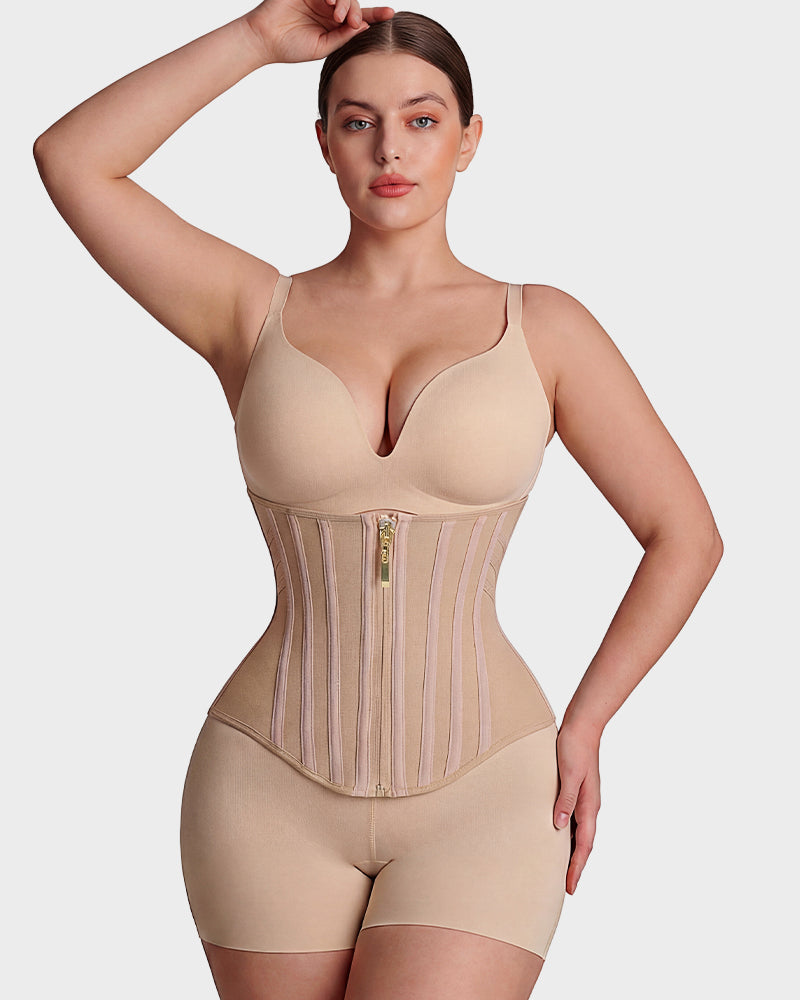 Boned waist cincher with front zip in nude