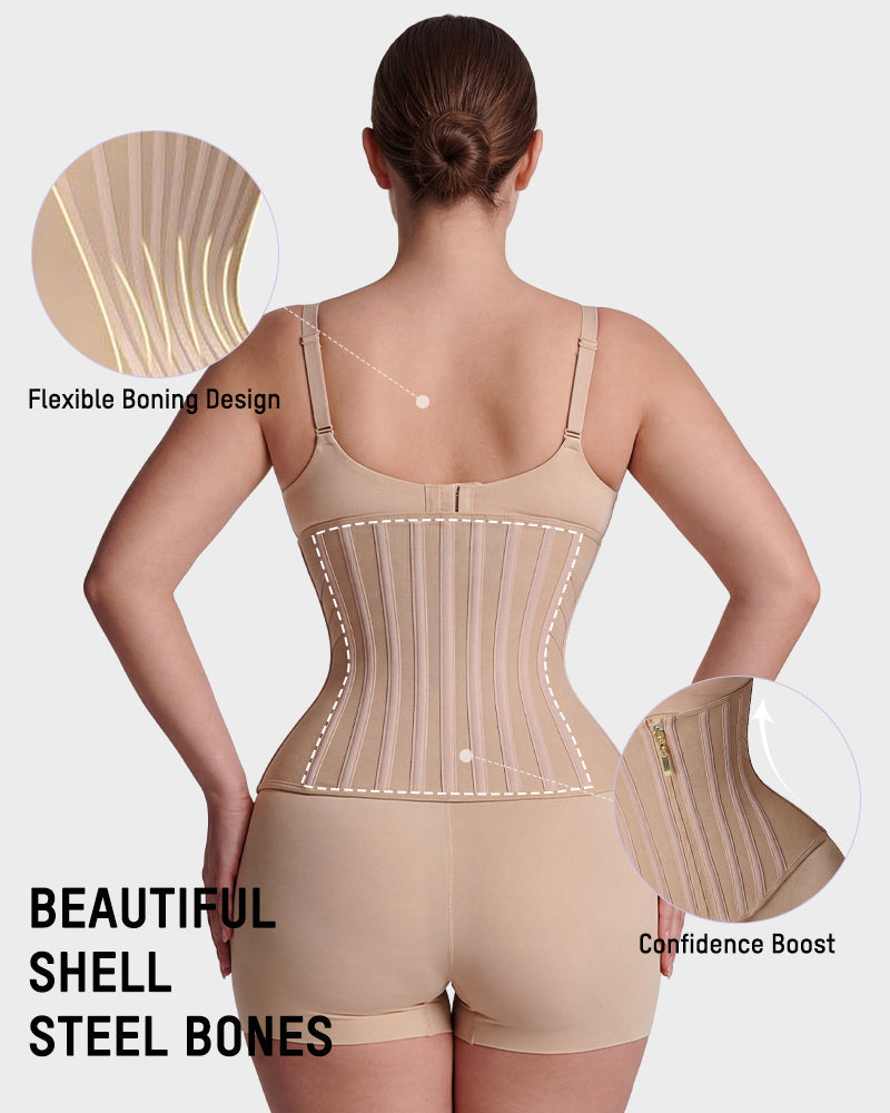 Boned waist cincher with front zip in nude, close-up detail