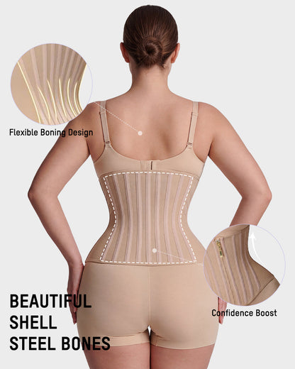 Boned waist cincher with front zip in nude, close-up detail