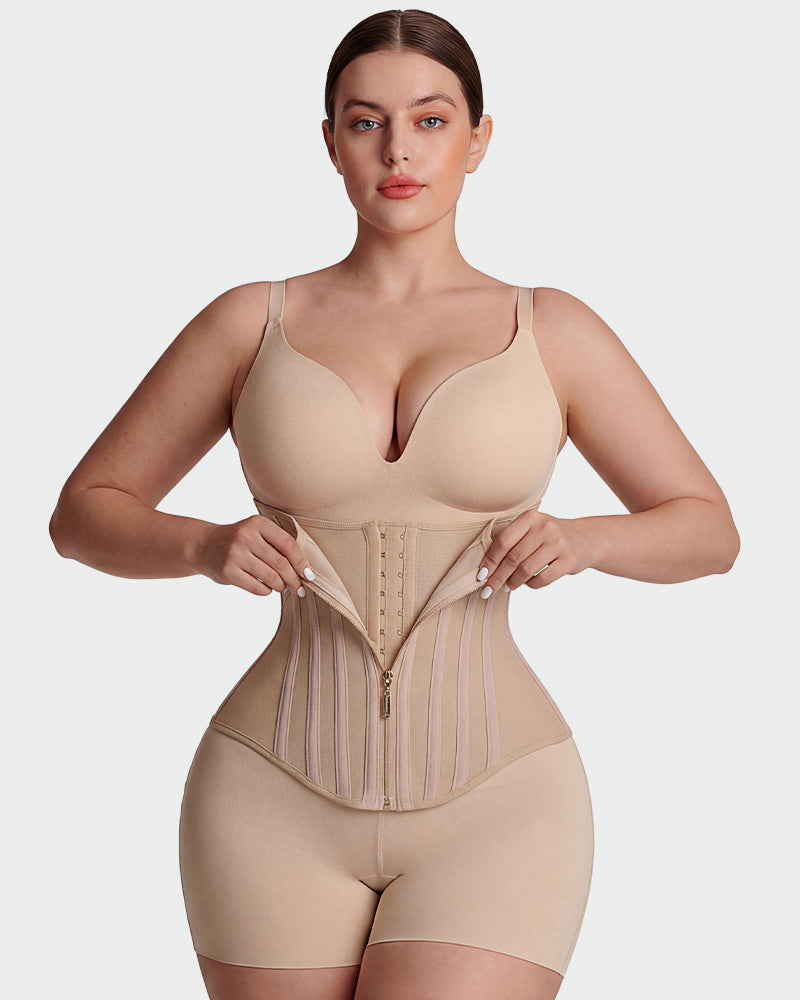 Boned waist cincher with front zip in nude