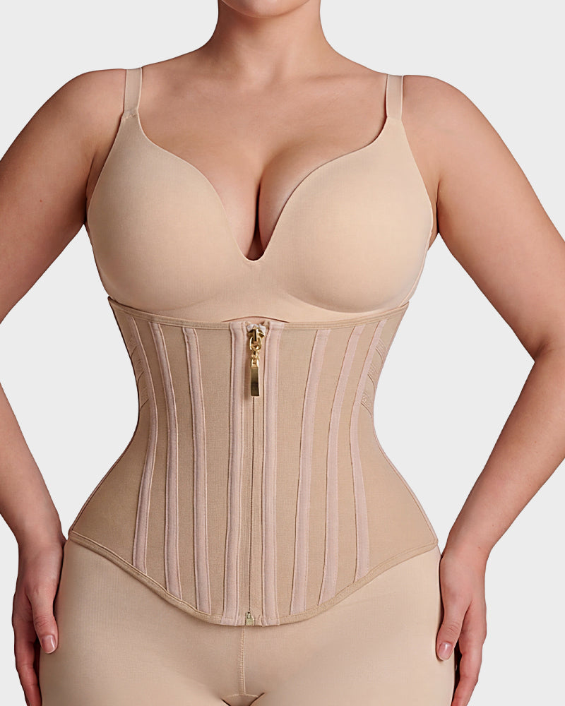 Boned waist cincher with front zip in nude