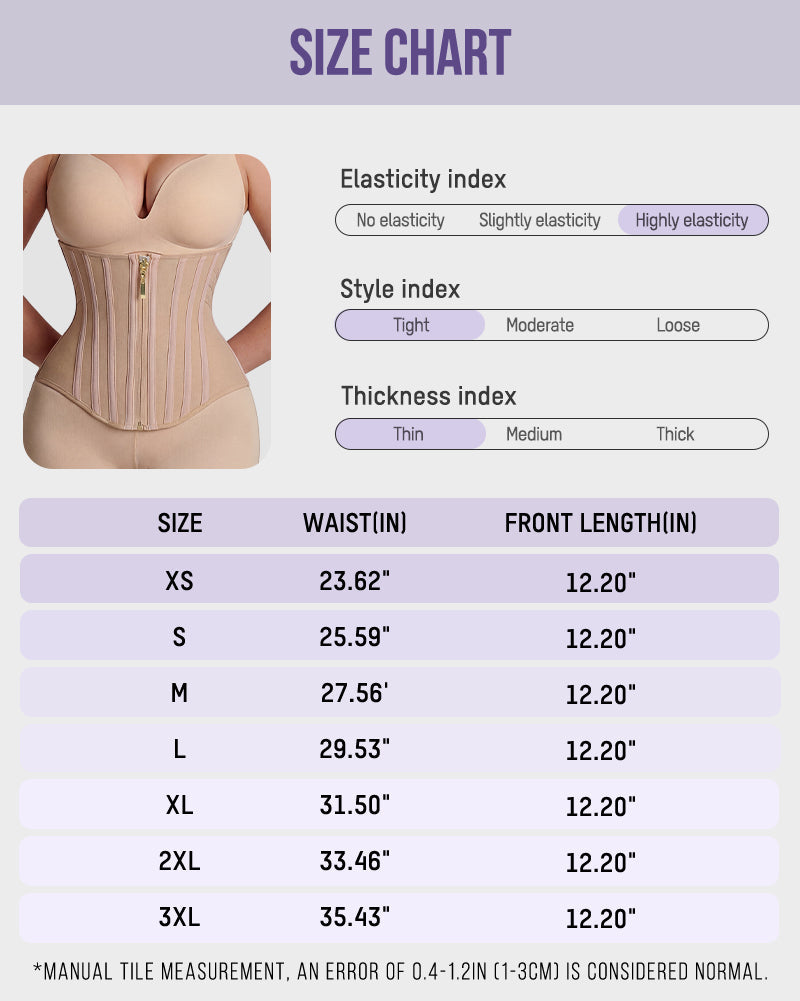 Size chart for the boned waist cincher with front zip