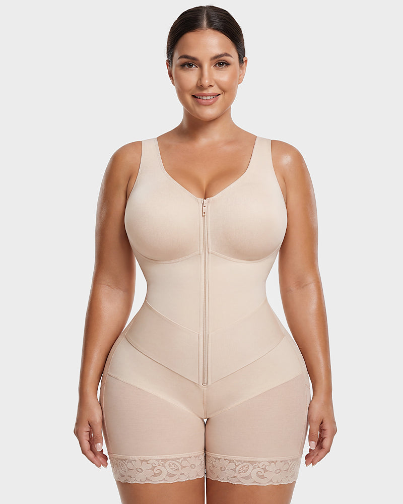 Zip-front full body shaper with built-in cups