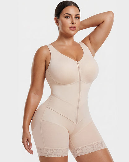 Zip-front full body shaper with built-in cups