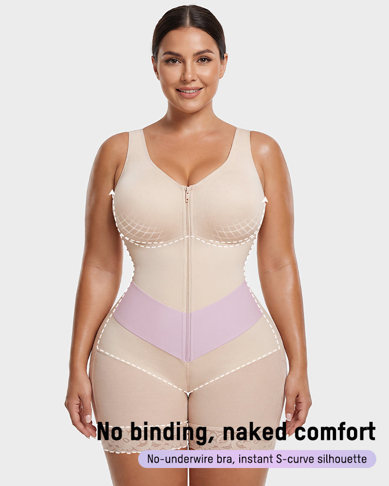 Zip-front full body shaper with built-in cups