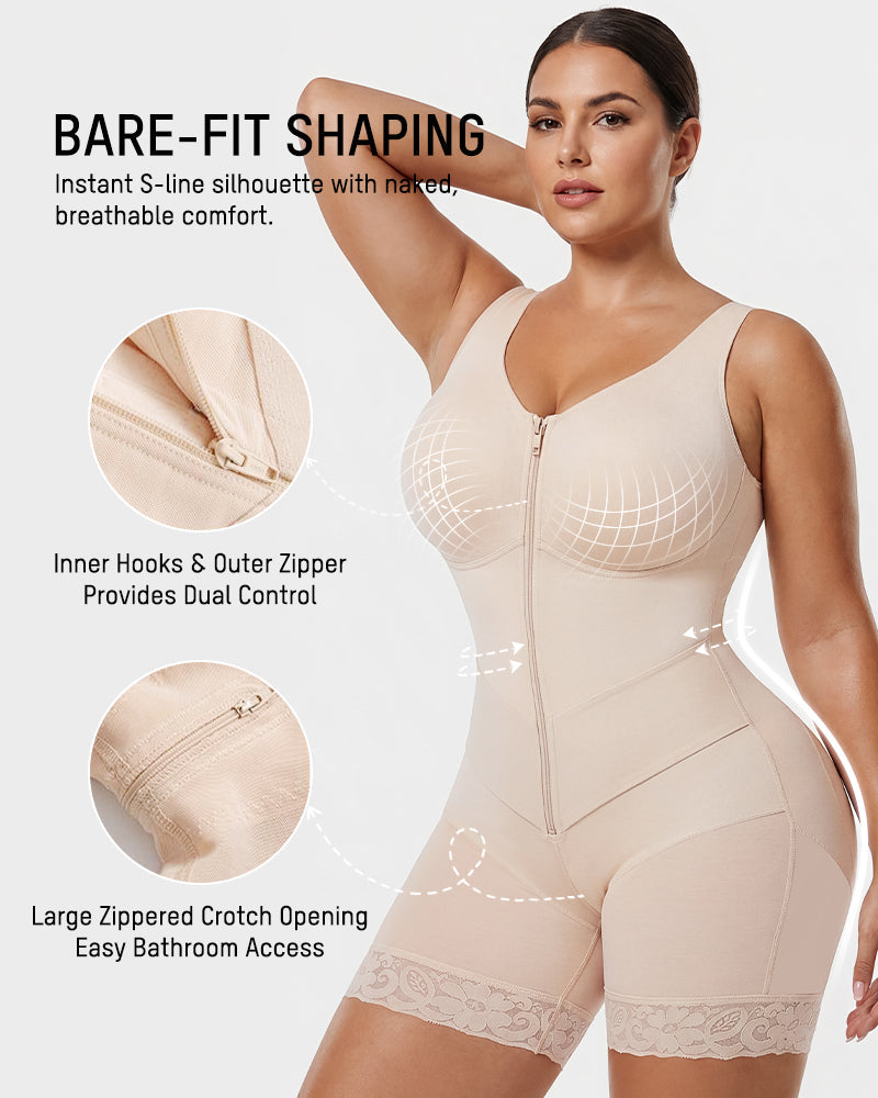 Zip-front full body shaper with built-in cups