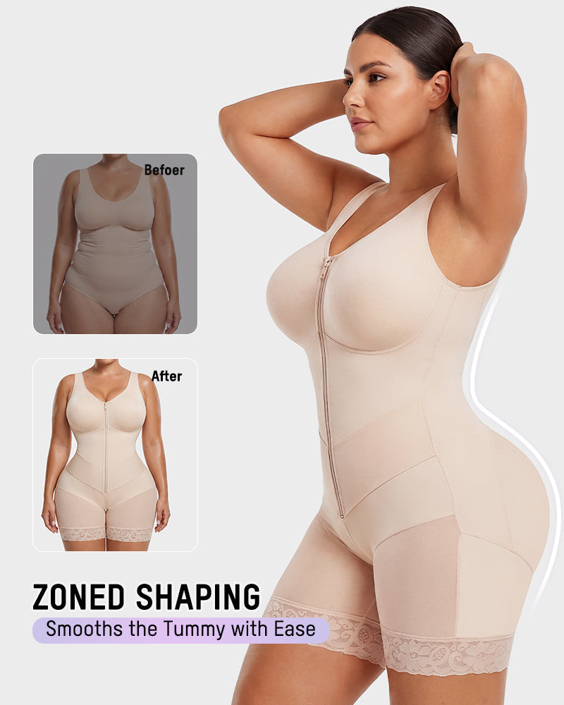 Zip-front full body shaper with built-in cups