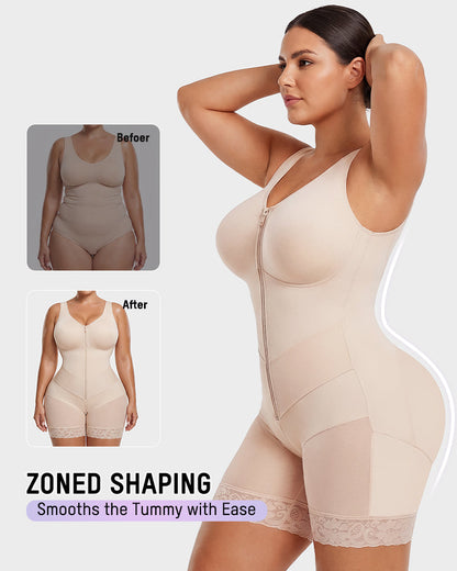 Zip-front full body shaper with built-in cups