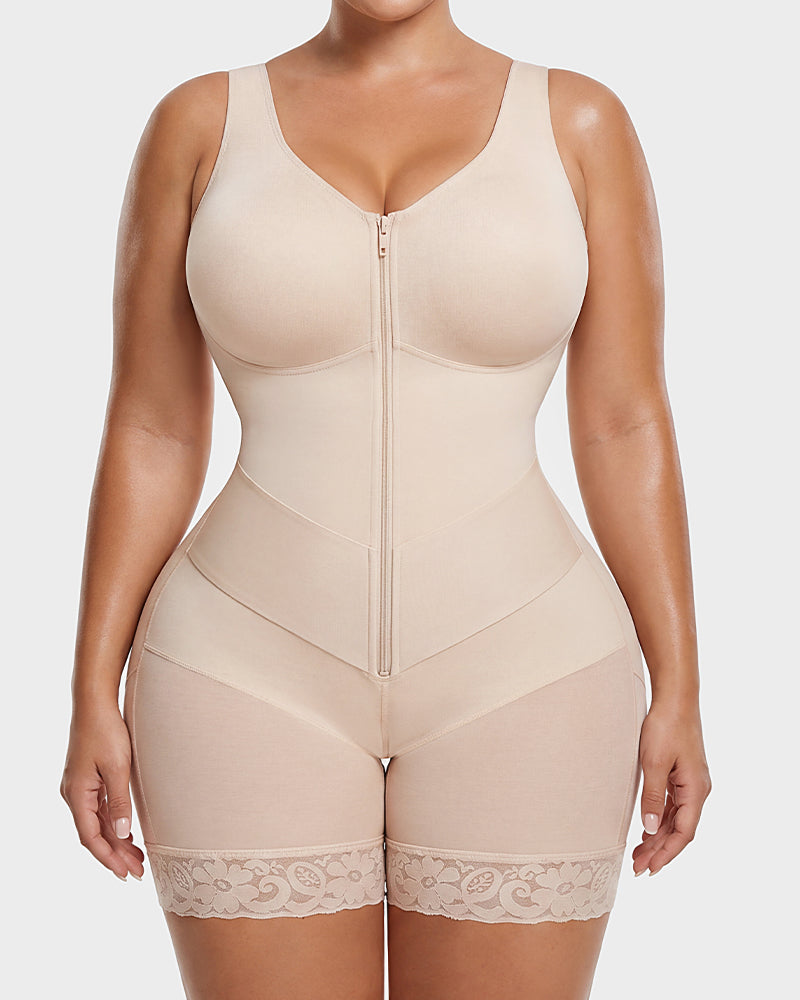 Zip-front full body shaper with built-in cups