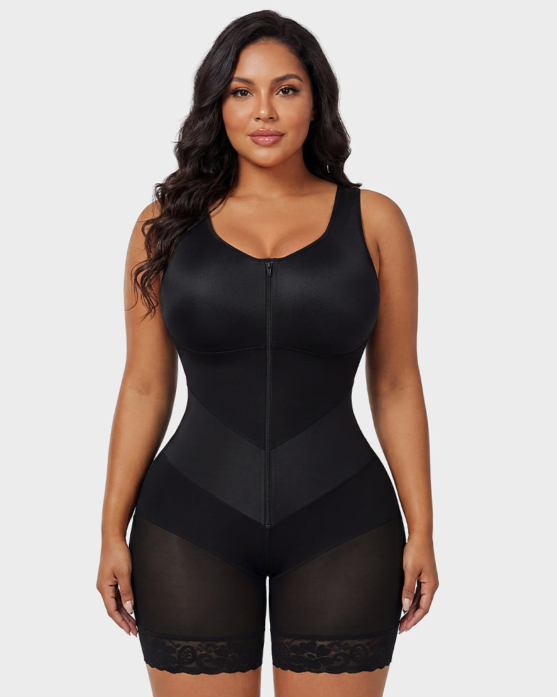 Zip-front full body shaper with built-in cups