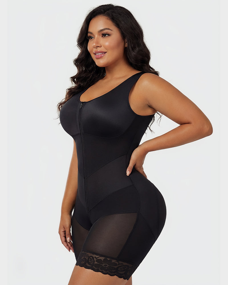 Zip-front full body shaper with built-in cups