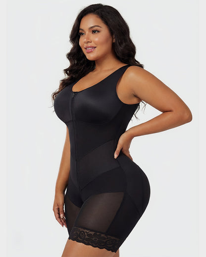 Zip-front full body shaper with built-in cups