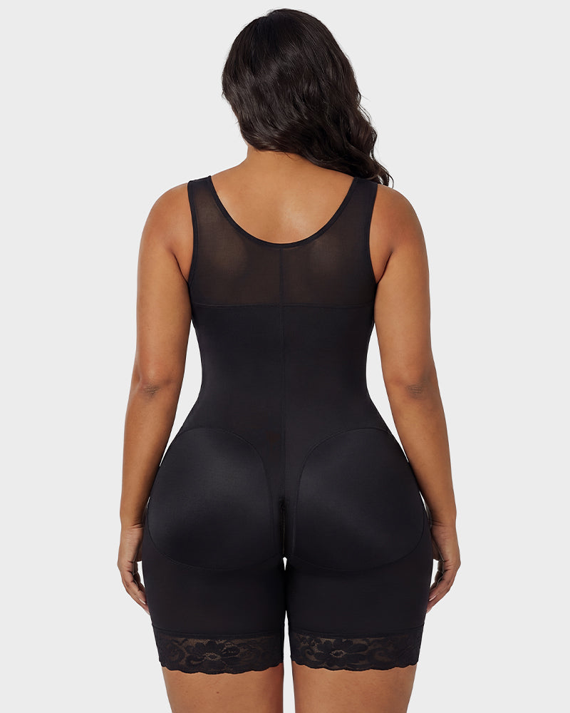 Zip-front full body shaper with built-in cups