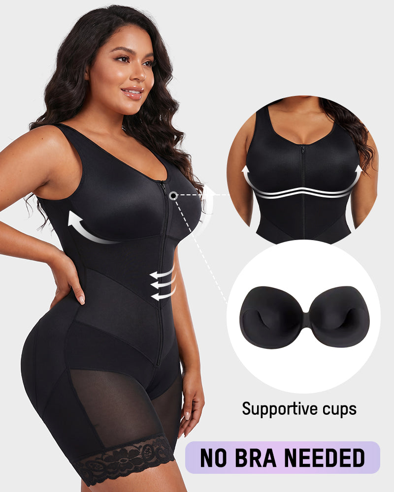 Zip-front full body shaper with built-in cups