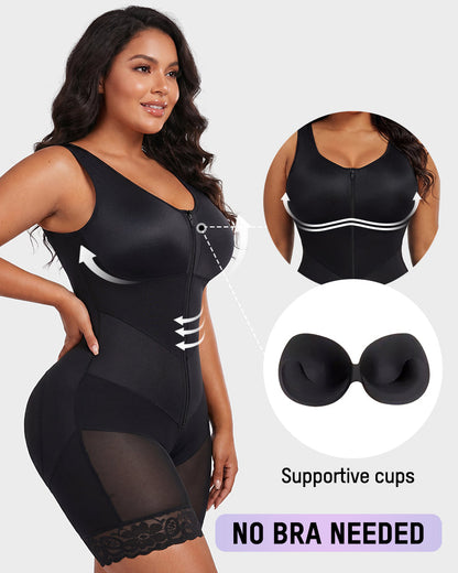 Zip-front full body shaper with built-in cups