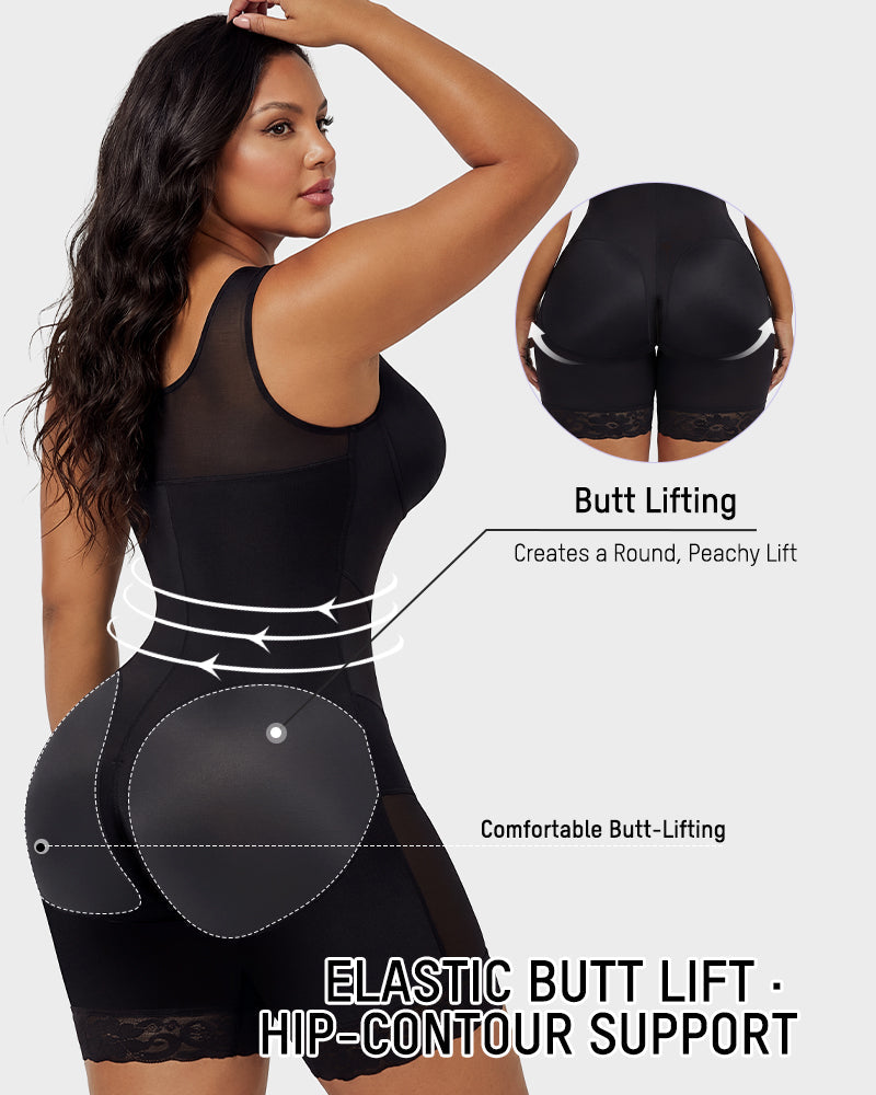 Zip-front full body shaper with built-in cups