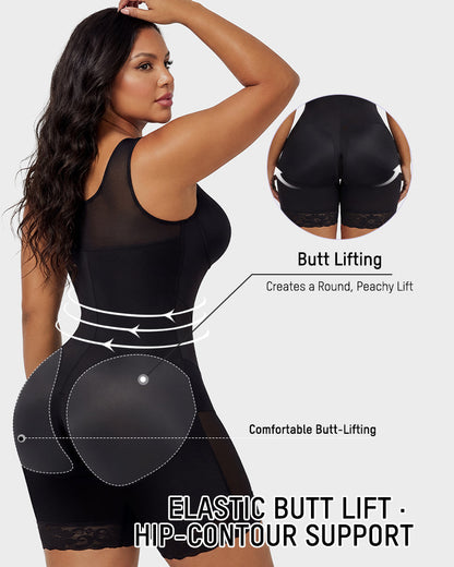 Zip-front full body shaper with built-in cups