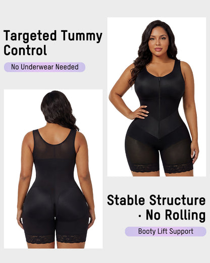 Zip-front full body shaper with built-in cups