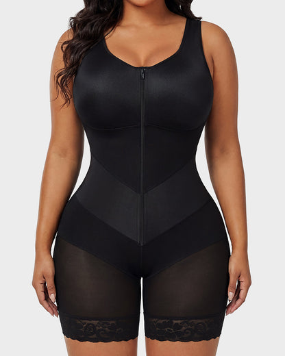 Zip-front full body shaper with built-in cups
