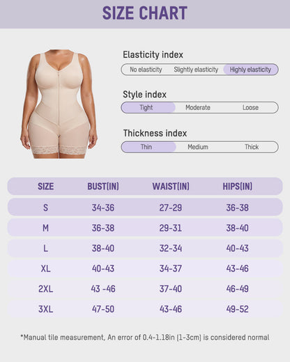 Zip-front full body shaper with built-in cups