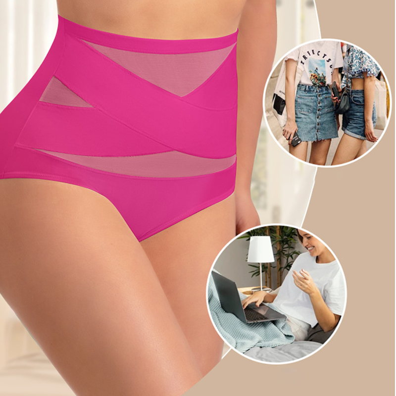 Rose red high waisted tummy control knickers worn, front view