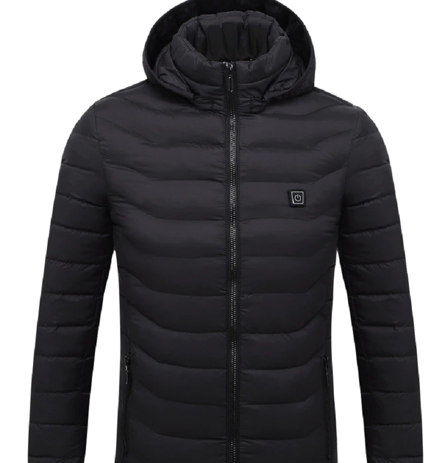 Heated hooded puffer jacket, detail view