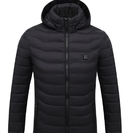 Heated hooded puffer jacket, detail view