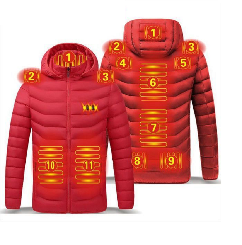 Heated hooded puffer jacket showing heating panel locations