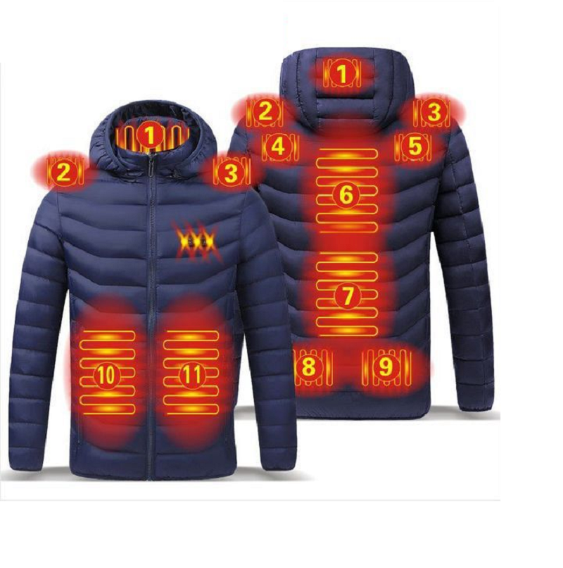 Heated hooded puffer jacket, front and back heating panels