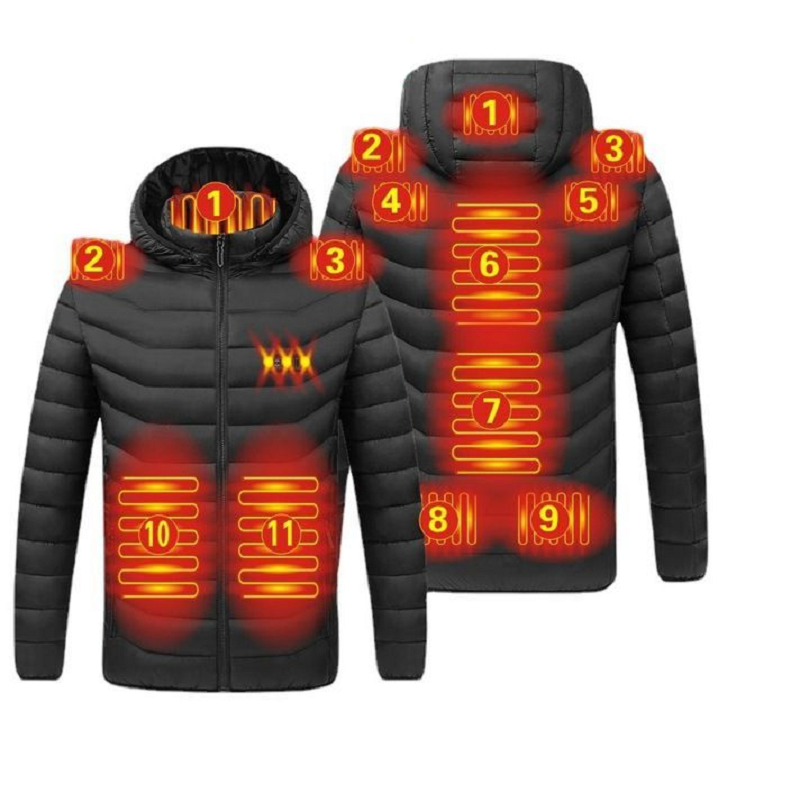 Heated hooded puffer jacket with power button on the chest