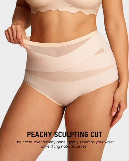 Nude high waisted tummy control knickers worn, front view
