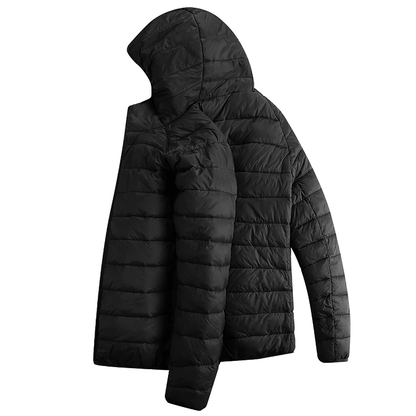 Heated hooded puffer jacket, product view