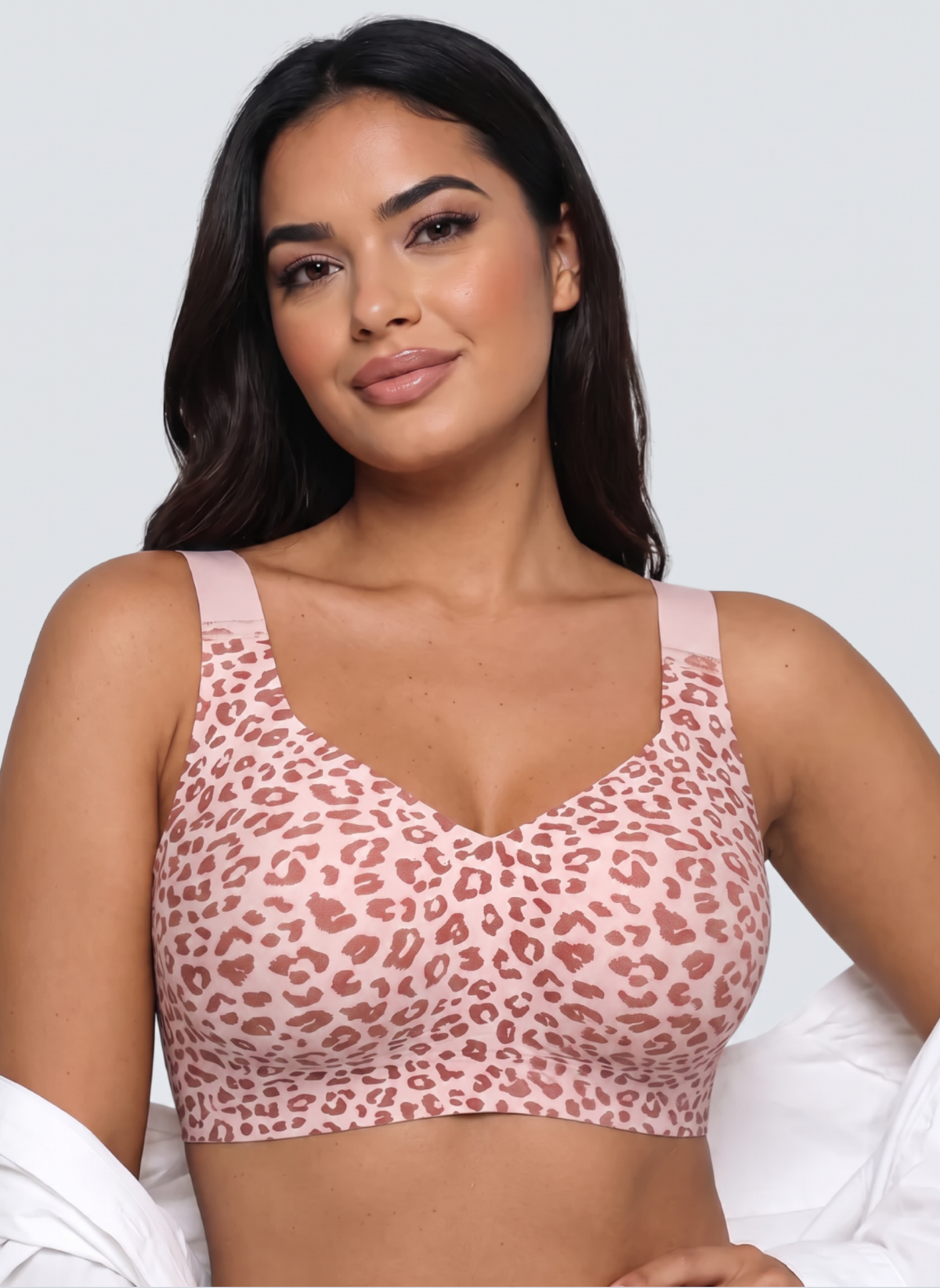 Blush pink leopard print full coverage wireless jelly bra, front view