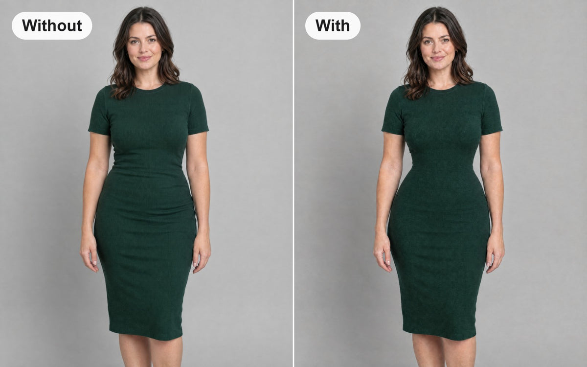 Same woman in the same green knit dress, without and with the boned waist cincher worn underneath