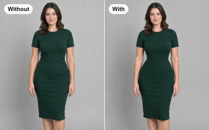 Same woman in the same green knit dress, without and with the boned waist cincher worn underneath