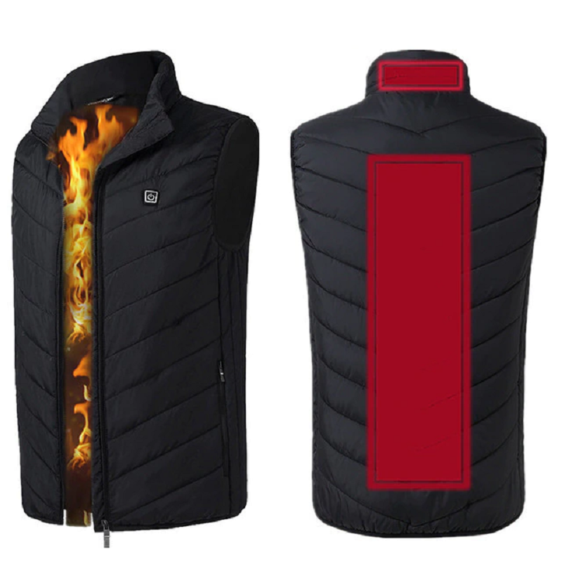 Black heated gilet with collar and back heat, chevron quilting