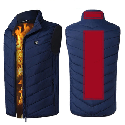 Blue heated gilet with collar and back heat, chevron quilting