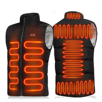 Black heated gilet with front and back heat, horizontal quilting