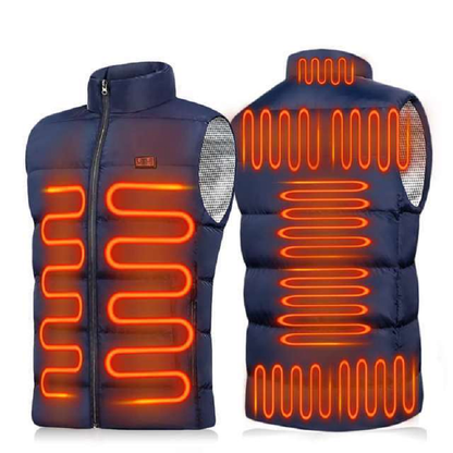 Blue heated gilet with front and back heat, horizontal quilting