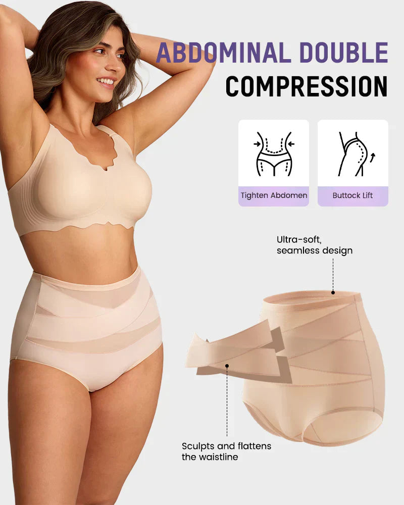 Nude high waisted tummy control knickers worn, with a close up of the crossed front panels