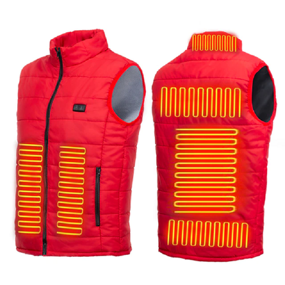 Red heated gilet with front and back heat, vertical quilting