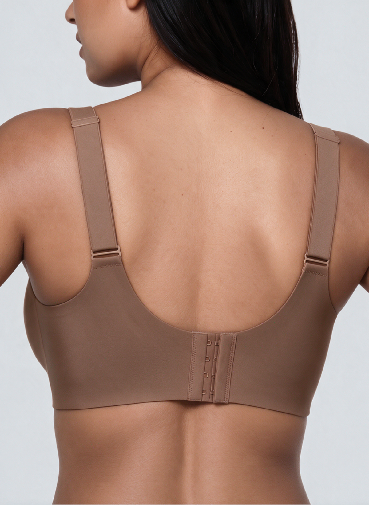 Back view of the caramel full coverage wireless jelly bra with four hook fastening