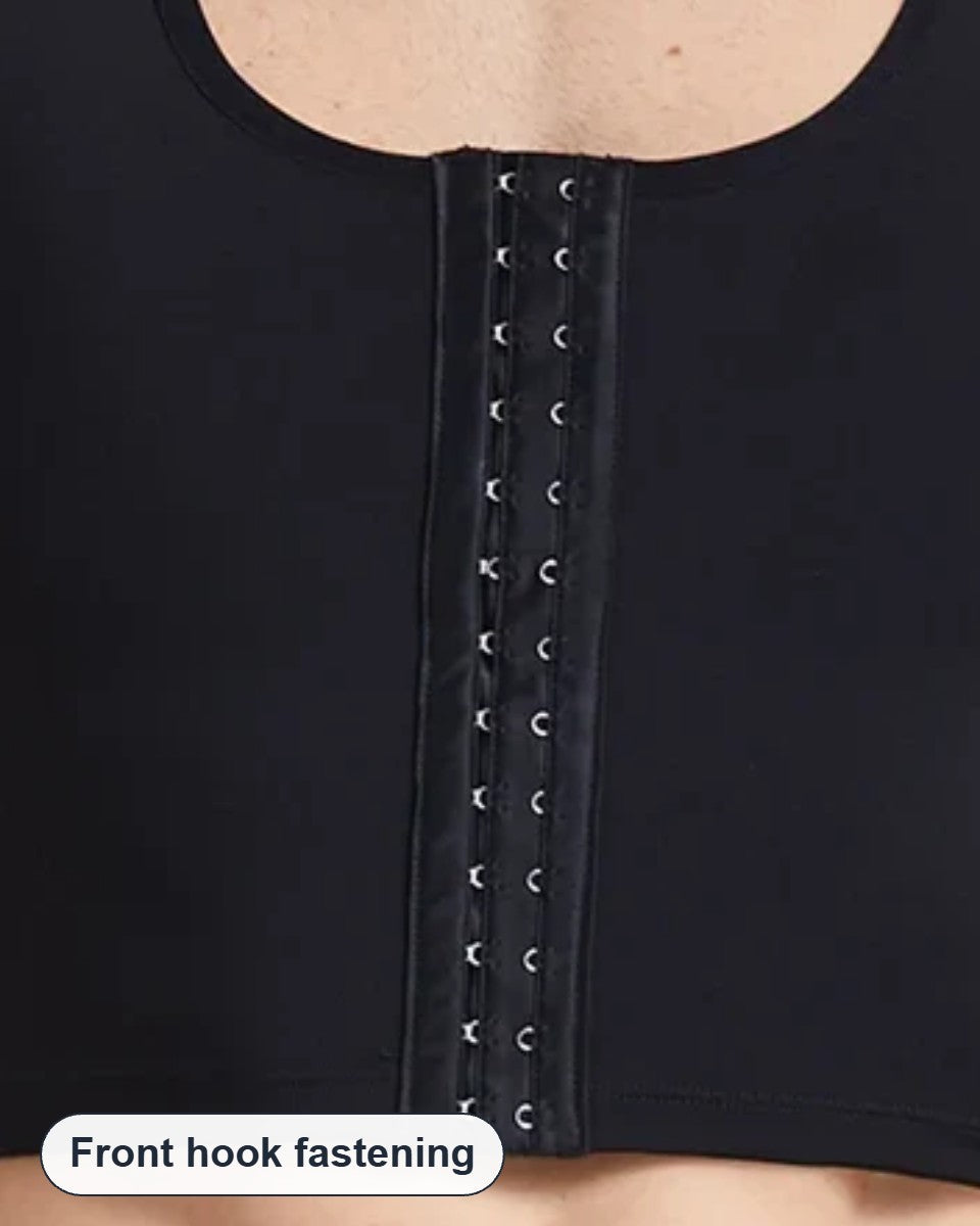 Close-up of the front hook fastening on the black chest compression vest