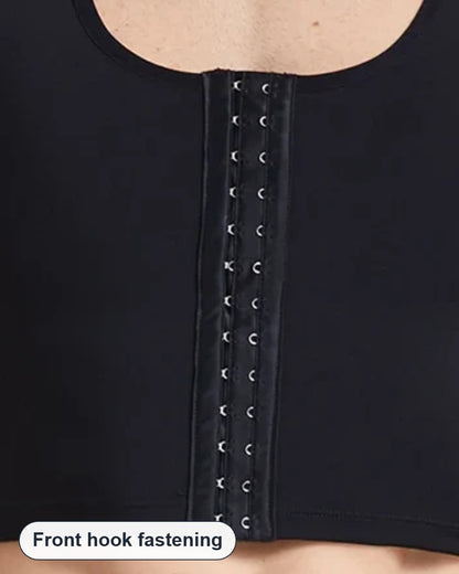 Close-up of the front hook fastening on the black chest compression vest