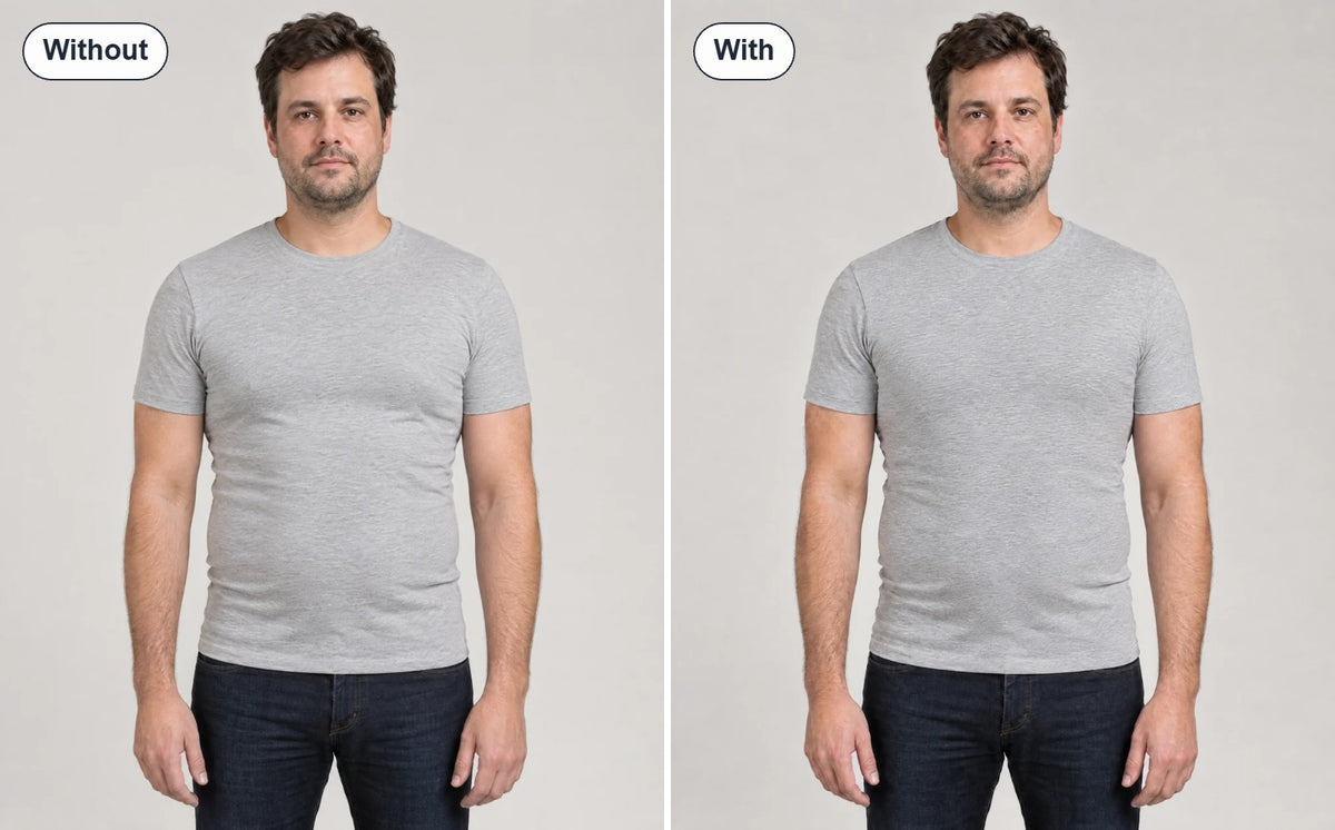 Without and with the chest compression vest under the same grey t-shirt, side by side