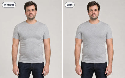Without and with the chest compression vest under the same grey t-shirt, side by side