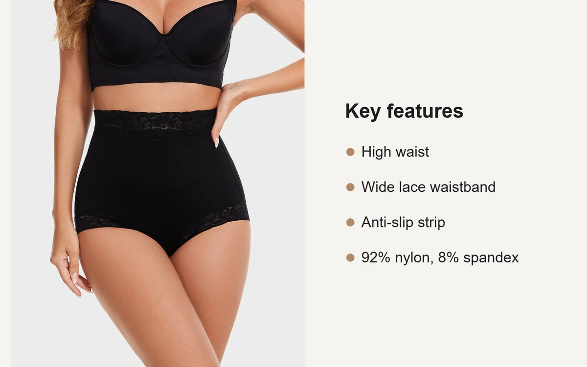 Key features of the high-waist control knickers with lace waistband